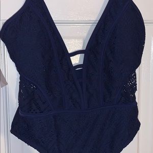 One piece navy blue lace bathing suit